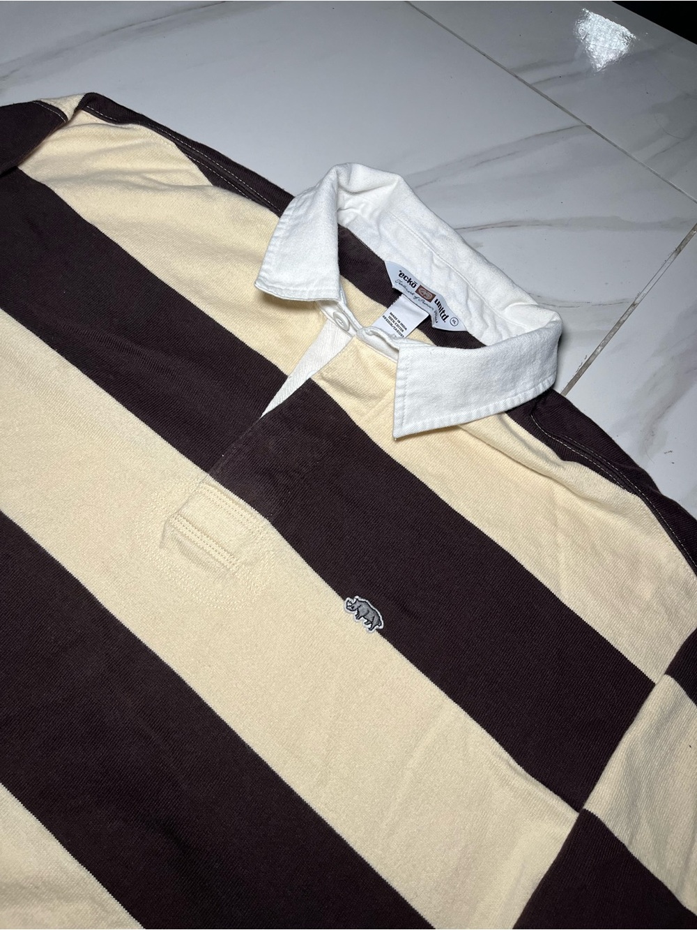 Ecko Unltd. Y2K Striped Rugby Polo Shirt - Cream & Dark Brown